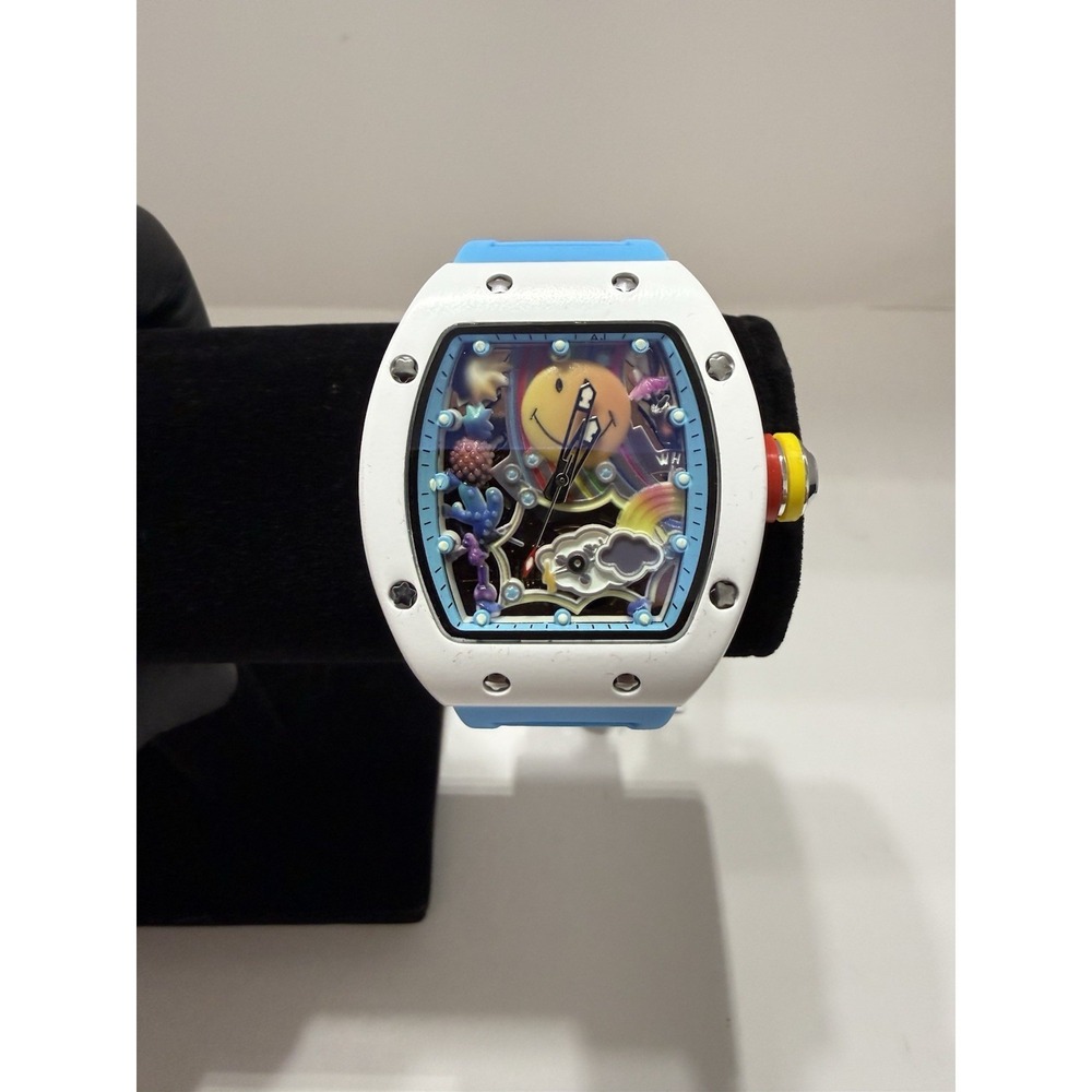 AJ Gold Tonneau Chronograph Wristwatch Tiff Blue Silicone Band Smily Face Dial